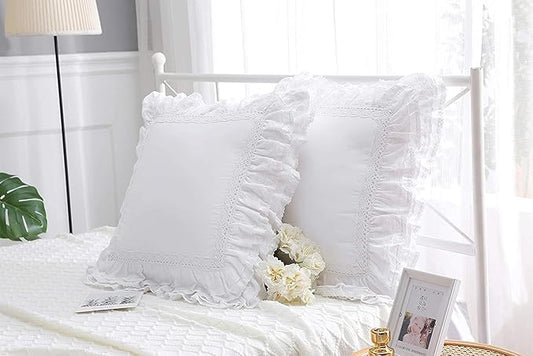 White Lace Throw Pillow Covers Euro Shams Cushion Cases with Ruffles Cotton 24"X24" Zipper Closure Luxury Elegant 2-Pack