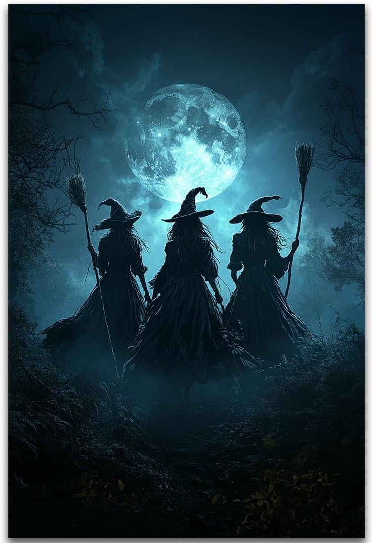 Moonlight Witches Halloween Canvas Art Picture,Three Witches on Broom in Forest Painting Print Gothic Decor,Halloween Witch Poster Witchy Room Aesthetic Bedroom Home Decorations,24"x36" Unframed