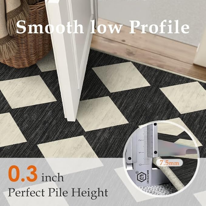 PureCozy Checkered 3x8 Runner Rug for Hallways Black and White Washable Long Carpet Non-Slip Low Pile Modern Soft Indoor Accent Throw Rugs for Entrance Kitchen Bedroom Dining Laundry