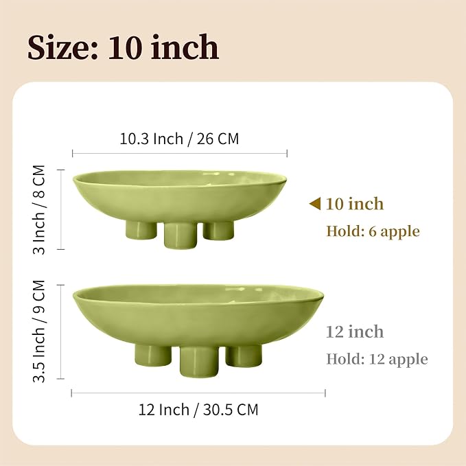 Three-Leg Ceramic Fruit Bowl, 10 Inch Oval Serving Dish for Kitchen Counter, Candy or Key Holder, Home Decor Accent Beige Green