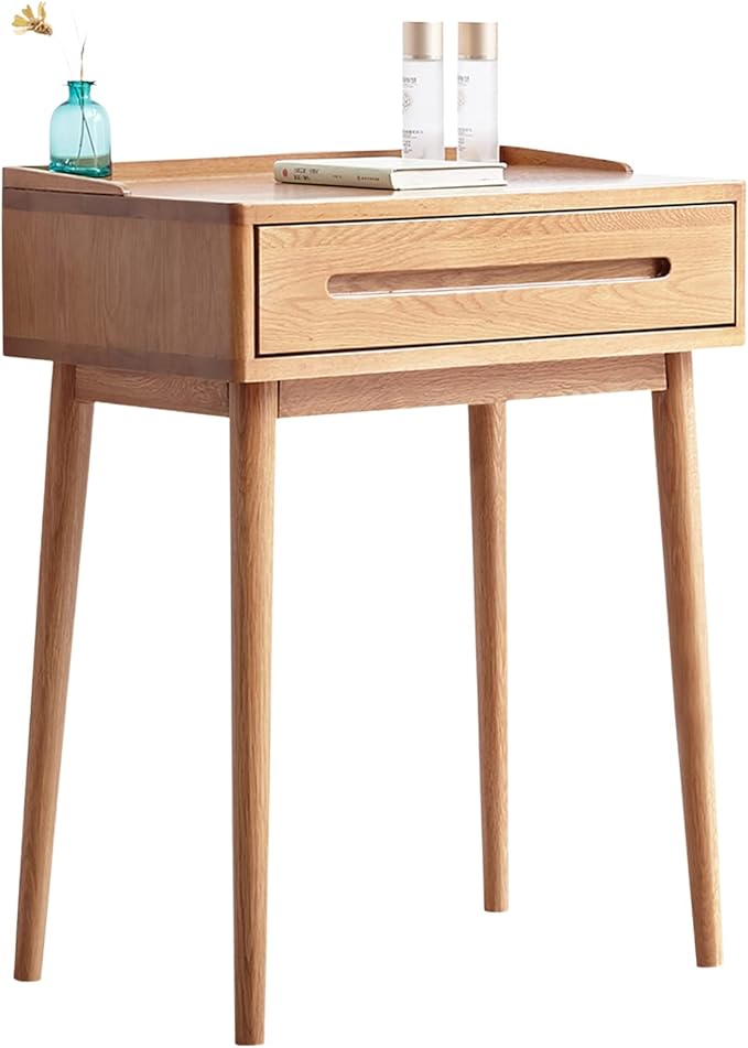 Solid Wood Desk with Drawer, Vanity Table, Modern Nightstand with Wooden Legs, Oak Side Table for Small Space for Bedroom, Dorm, 30.7" H, Natural, Desk