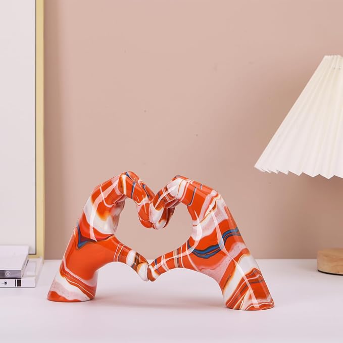 DOVDOV Colourful Hand Heart Decoration, Hand and Heart Statue, Love Finger Sculpture Wedding Decoration, Orange Resin, Modern, Tabletop, 9.8"L x 3.1"W x 5.9"H