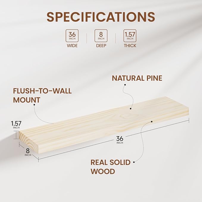 Heimlove Unfinished Wood Floating Shelves, Pine Shelves for Wall Set of 2, Wall Mounted Rustic Wood 8 Inch Deep Floating Shelf with Invisible Brackets for Bedroom Kitchen Living Room - Natural, 36x8