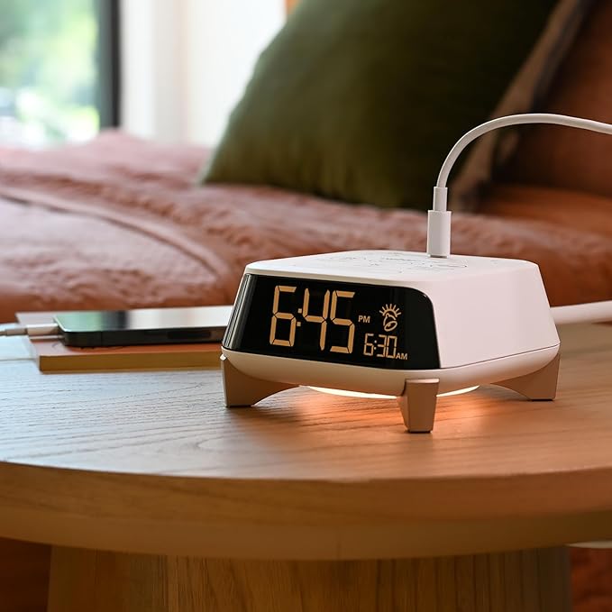 Brandstand CubieTime Zen - White (Latest Model) - White Noise/Sleep Sounds Alarm Clock Charger with 2 USB-C Ports, 2 Power Outlets, Night Light