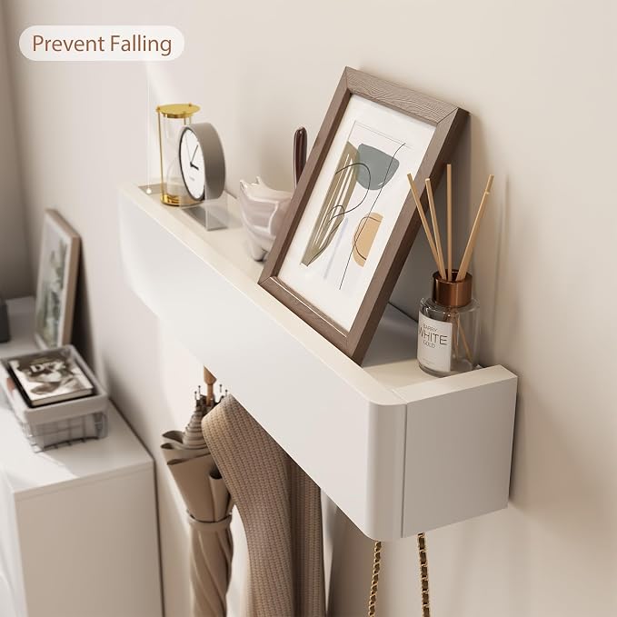 CycleCrew Solid Wood Wall Mounted Coat Rack with Shelf Hooks - Modern Floating Shelves with 5 Hidden Hooks, Heavy Duty Entryway Coat Key Holder Hanger for Hallway Bathroom Bedroom Home Decor