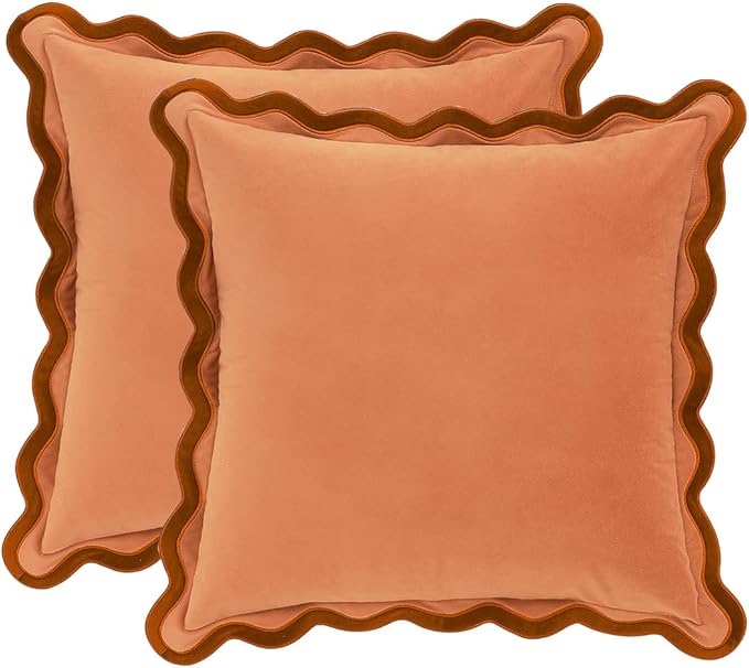 MONDAY MOOSE Decorative Throw Pillow Covers Cushion Cases, Set of 2 Soft Velvet Scalloped Wavy Edge Designs, Mix and Match for Home Decor, Pillow Inserts Not Included (18x18 inch, Rust/Coral)