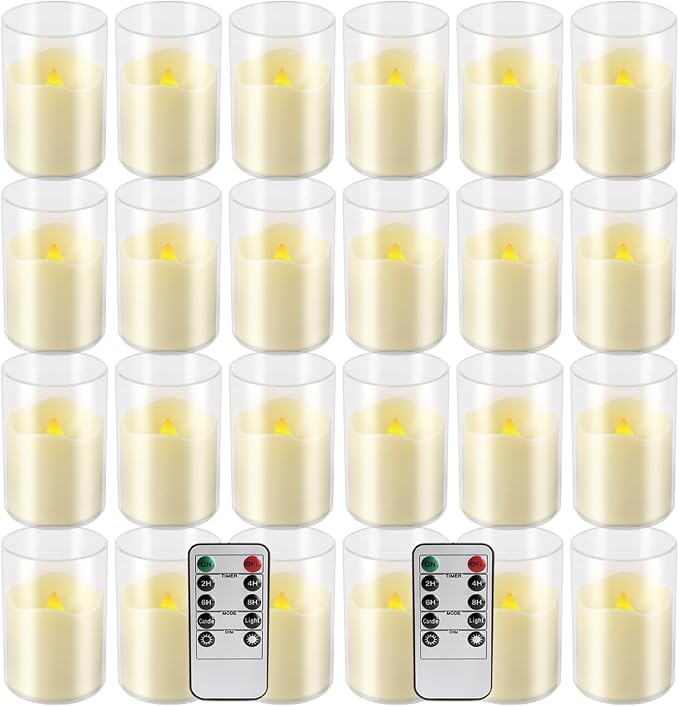 24-Pack 1.65"x2.36" Flameless Small LED Tea Lamp Candles - 3D Realistic Flame,Ivory Flickering Warm Light Battery-Powered with Remote Control and Timer for Home, Weddings & Parties.