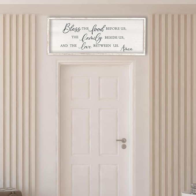 Surfapans Bless the Food Before Us Wall Decor, 32"X12" Farmhouse Dining Room Family Kitchen Sign, Christian Bible Verse Scripture Vintage Home Framed Wood Wall Art (White)