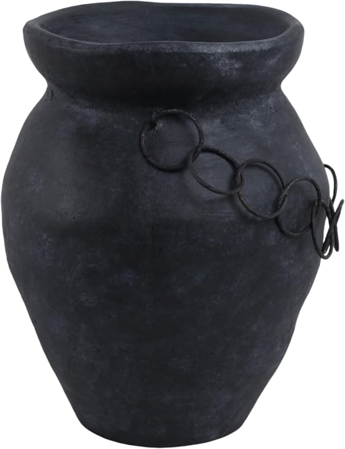 Terracotta Pottery Vase – Decorative Flower Holder for Stems and Greenery, Living Room or Office Tabletop Home Decor, Rustic Metal Chain Accent for Collected, Layered Style – 12", Black