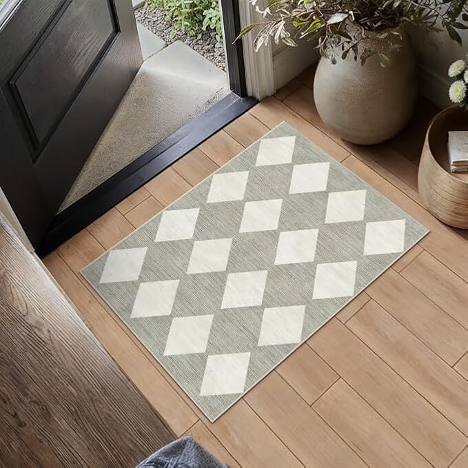 PureCozy Machine Washable Gray 2x3 Area Rugs for Entryway Modern Soft Checkered Indoor Door Mats Non-Slip Stain Resistant Low Pile Accent Small Rug for Bedroom Kitchen Laundry Entrance