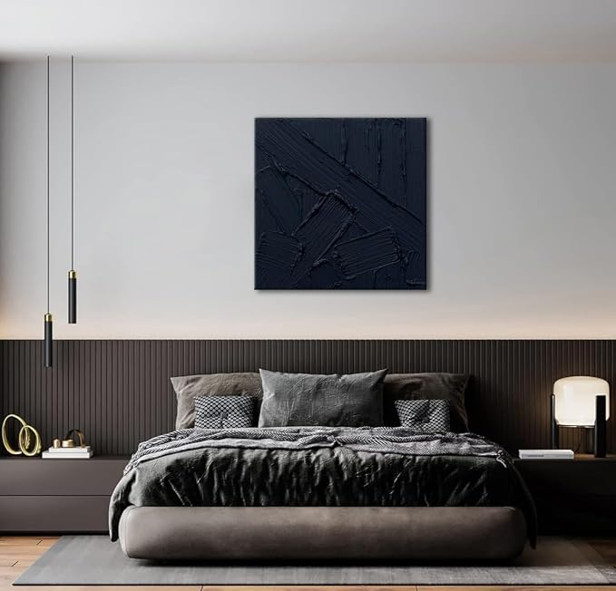 zoinart Hand Painted Textured Black Wall Art, 20x20 Inches Abstract Oil Paintings on Canvas Contemporary Wall Art Black Artwork