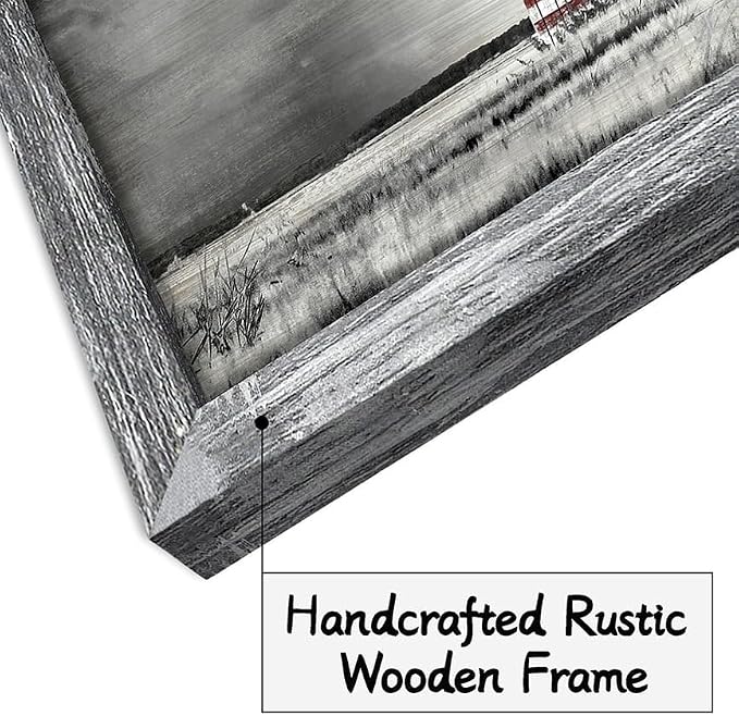 Barn Picture Framed Wall Art: Rustic Black White Farmhouse American Flag Print Wood Decor Horizontal Patriotic Country Farm Artwork Panoramic Living Room Nature Landscape Rural Countryside Scene Painting for Home Bedroom