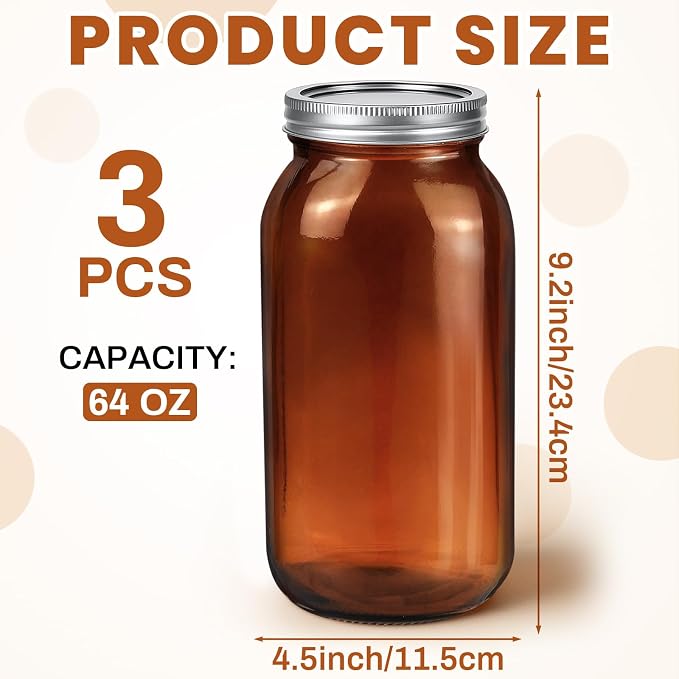 Norme 3 Pcs 64 oz Glass Mason Jars Glass Mason Jars Canning Container Set Embossed Half Gallon Fermenting Container with Airtight Lids for Canning Freezing Preserving Beverages Decor (Amber)