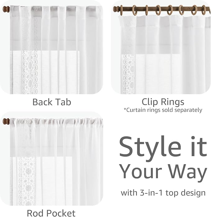 jinchan Weslie Floral White Sheer Curtains for Living Room 96 Inch Long Embroidered Voile Farmhouse Linen Curtains for Bedroom Bordered Flower Patterned Cottage Core Window Drapes 2 Panels Off White