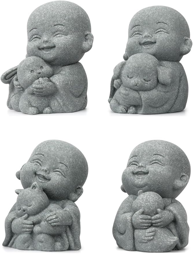 4PCS Buddha Statue, Laughing Buddha Bring Good Luck, Cute Small Zen Monk Feng Shui Decor, Sandstone Sculptures for Home and Aquarium Decor
