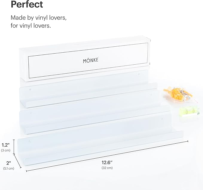 Vinyl Record Shelf - 3 Metal Display Shelves - Wall Mount Now-Playing Vinyl Shelves - an Album Record Holder That Doubles as a Picture Ledge - Fits All Records (White)