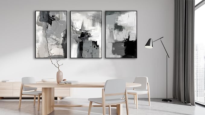 Large Framed Canvas Wall Art - Retro Grey Graffiti Pictures for Living Room Rustic Abstract Wall Decor Vintage Prints for Bedroom Dinning Room Black Float Framed 16" X 24" X 3 pcs