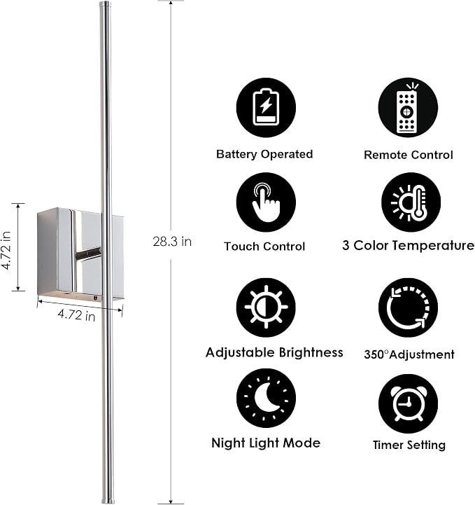 KARTOOSH Removable Battery Operated Wall Sconces with Remote Control, Stepless Colors 3000K-6000K & Dimming, 350°Rotate, LED Chrome Wireless Wall Light for Living Room, Bedroom, 28.3 Inch (2 Pack)
