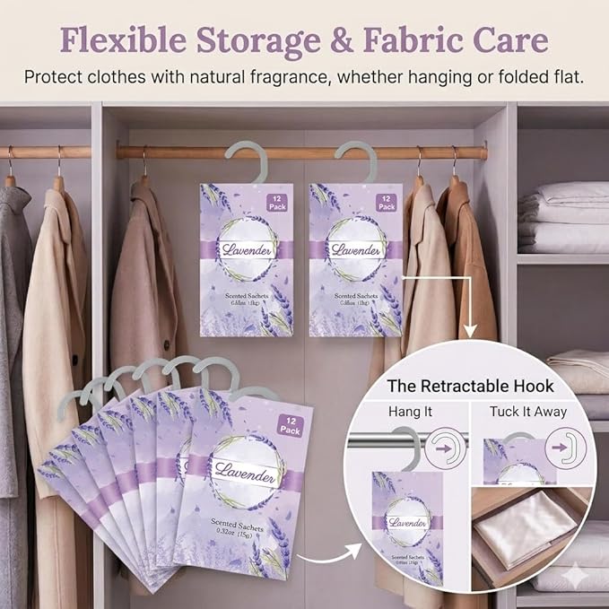 12 Packs Lavender Scented Sachets for Closets and Drawers - Natural Lavender Essential Oil Hanging Bags with Retractable Hook - Ideal for Lingerie, Silk Sheets, Bedding & Nightwear Care