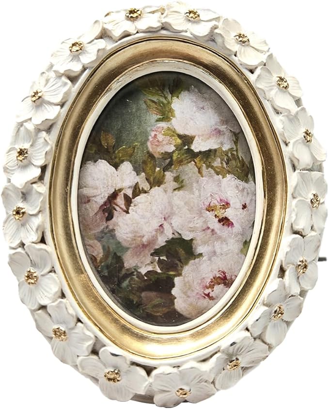 SYLVIA'S SHOP 2.5x3.5 Small Vintage Oval Picture Frame, Mini Antique White Ornate Photo Frame, for Tabletop and Wall Display, Decorative Floral Design Retro Home Decor, Photo Gallery Art