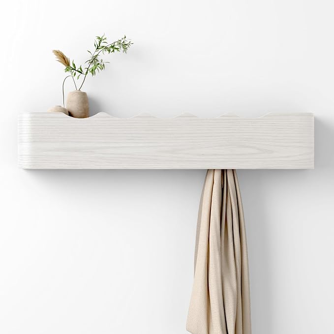 Coat Rack Wall Mount with Hidden Hooks, Wall Hooks with Shelf, Wall Key Holder Mount Wooden Shelf Entryway Hooks for Bedroom Bathroom for Hanging Coats Hats Bags Towels (White Wave-Shape, 5 Hooks)