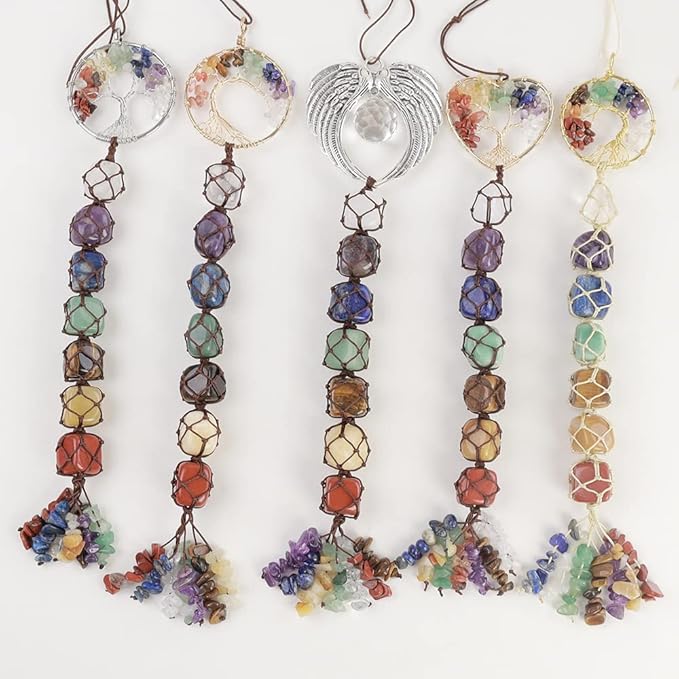 Anjiucc 7 Chakra Stone Healing Crystal Tree of Life Wall Hanging Home Interior Decoration，Window Decoration，Yoga Meditation