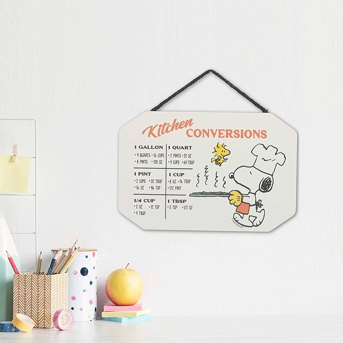 Peanuts Snoopy and Woodstock Hanging Wood Measuring Sign - Fun Chef Snoopy Kitchen Conversion Chart for Home