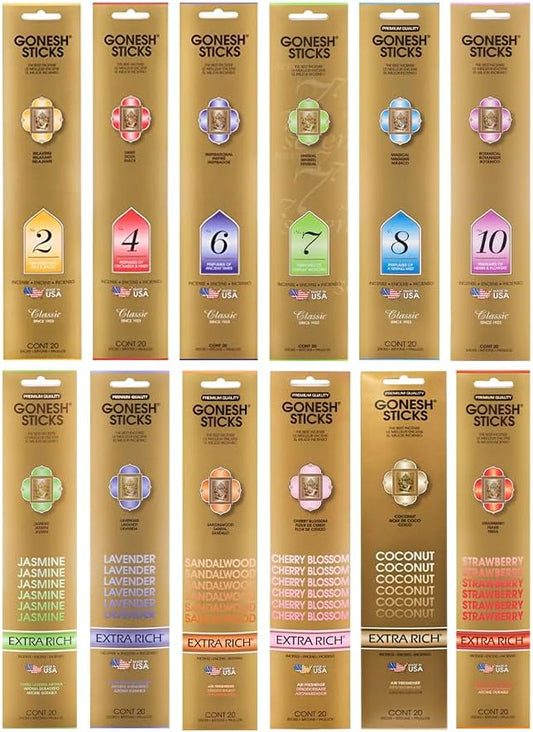 Gonesh - Incense Sticks Variety Pack - Non-Toxic 10” Slow Burn Aromatic Sticks - Classic Collection & Extra Rich Collection - 12 Packs of 20