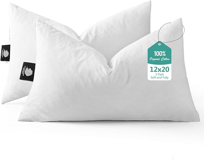 BPC Luxury Feather Down 12x20 Pillow Inserts Set of 2, Soft Fluffy Throw Pillows, 100% Organic Cotton Cover, Lumbar Pillow Insert for Couch, Living Room, Bed, Sofa