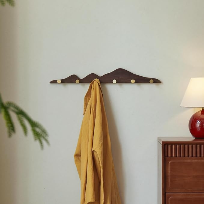 Elegant Wall Coat Rack with Hooks Walnut Wood Solid Coat Hanger Wall Mount with 6 Brass Hooks, Moisture-Resistant Wax Oil Finish for Home (Walnut, 6 Hooks)
