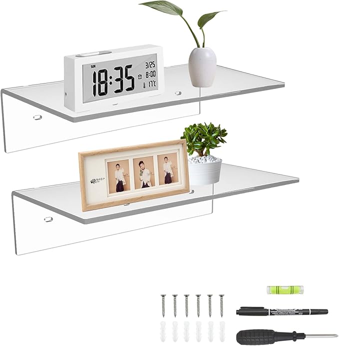 Sezanrpt 12 Inches Acrylic Wall Shelves 2 Pack, Floating Shelf for Wall Mounting, Acrylic Display Ledges for Funko Pop Figures, Home Décor, Living Room, Gaming Room, Plants(12 inch, Clear)