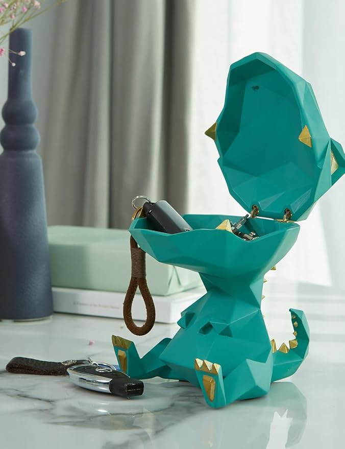 HAUCOZE Dinosaur Candy Dish Cookie Jar Storage Statue Modern Home Decor Sculpture Table Centerpiece Gift for Living Room Green 7.5 Inch