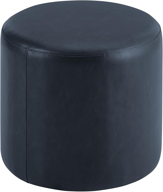 Studio Living® 19” Wentworth Ottoman Round Faux Leather Bench, Stationary Ottomans, Backless Chair, Footrest for Living Room, Footstool Office, Bedroom, Padded Seat, Navy Blue