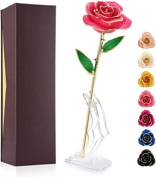 Gold Plated Rose, 24K Gold Dipped Real Rose Flower Gift for Lover Mom Wife Daughter Girl Friend, Present on Christmas, Mother's Day, Wedding Anniversary, Birthday, Proposal, Reward (Pink with Stand)