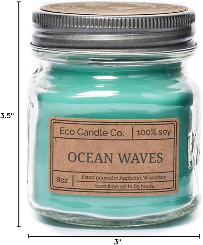 ECO CANDLE CO. Mason Jar Candle, Ocean Waves, 8 oz. - Scents of Marine Air, Citrus, & Musk - 100% Soy Wax, No Lead, Kraft Label & Antiqued Pewter Lid, Hand Poured, Made from Midwest Grown Soybeans