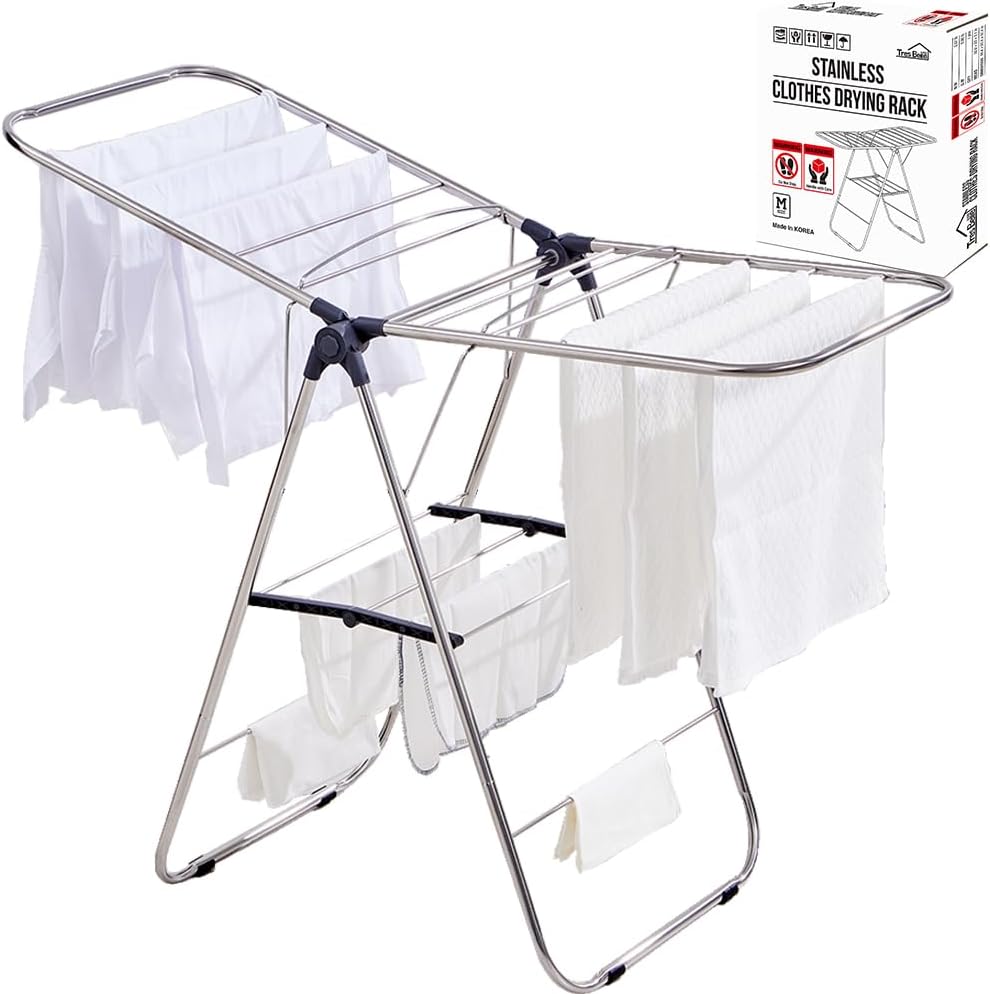 TRES BELLE 25NEW Stainless Steel Clothes Drying Rack(M)–Foldable,Lightweight,No-Slip Rods,Made in Korea,Indoor & Outdoor Use,Rust-Resistant,Towels,Underwear,Baby Clothes Drying–M Sizes