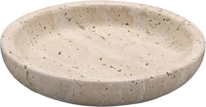Travertine Jewelry Tray Round Trinket Dish Vintage Decorative Tray Entry Table Nightstand Bowl for Display Rings Earrings Necklace Key Organizer Home Decor