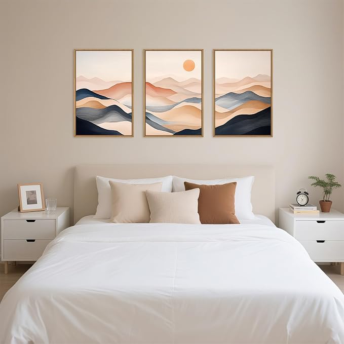 DRACIT Mimimalist Abstract Mountain Framed Canvas Wall Art Set,Earthy Toned Nature Landscape Wall Decor,Modern Watercolor Sunrise Artwork for Living Room, Bedroom,Office-16 x24 x3