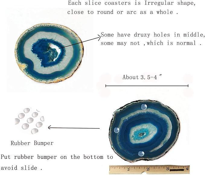 JIC Gem Dyed Teal 3.5-4" Agate Coaster Sliced Natural Agate Coaster for Small Size Cup or Coffee Cup Home Decor with Rubber Bumper Set of 4