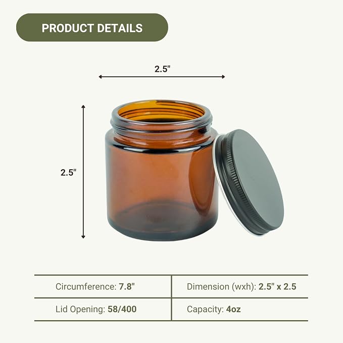 Glass Amber 4oz Jar - 12 Packs, Lead-Free Empty Round Jars For Beauty Products, Lotion, and Powders - Black Lid - Small Candle Jars