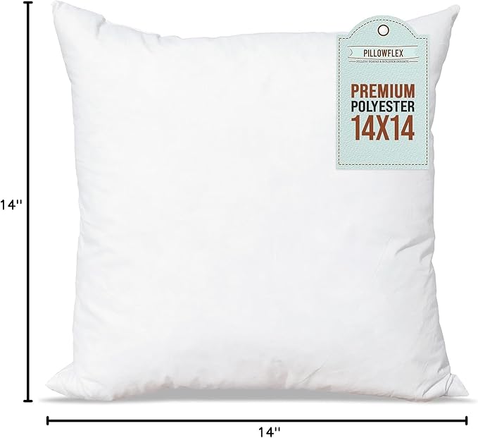 Pillowflex Premium Polyester Throw Pillow Insert - 14x14 - Ultra Soft Small Square Throw Pillow, Couch Sham, Lumbar, Back, Sofa - Machine Washable - Decorative Accent Form - 1 Soft Pillow