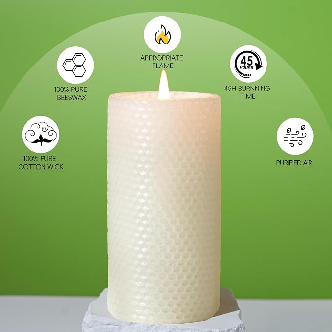 2 Pack Beeswax Pillar Candles, White Hand-Rolled Beeswax Candles-90 Hours Long Burning, Handcrafted Honeycomb Bees Wax for Home, Bee Themed Gifts for Candle Lovers (2.8x6 in)
