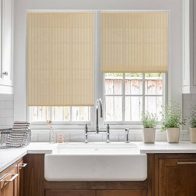 LUCKUP Cordless Bamboo Roman Shades, Light Filtering Bamboo Blinds for Windows Indoor, UV Protection Natural Roll up Roman Shades 30" Wx64 H, Natural