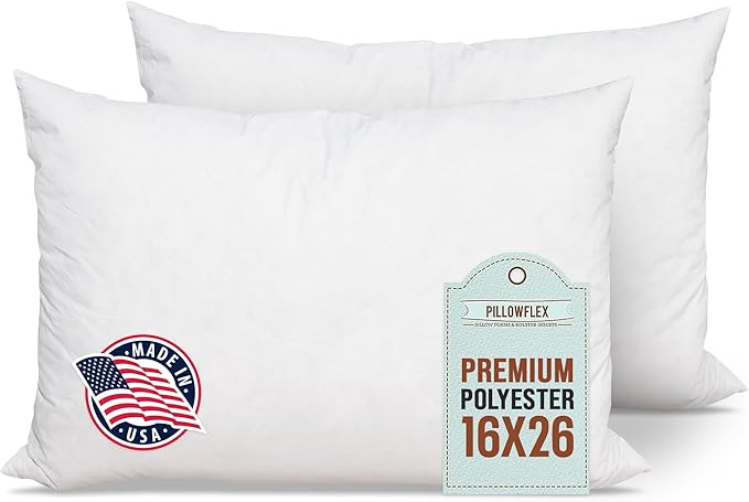 Pillowflex Premium Polyester Pillow Insert – 16x26 - Rectangle Pillow Form, Machine Washable, Soft Sham Supports, Decorative Form for Covers and Throw Pillows, Hypoallergenic - Made in USA - 2 Pack