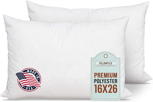 Pillowflex Premium Polyester Pillow Insert – 16x26 - Rectangle Pillow Form, Machine Washable, Soft Sham Supports, Decorative Form for Covers and Throw Pillows, Hypoallergenic - Made in USA - 2 Pack
