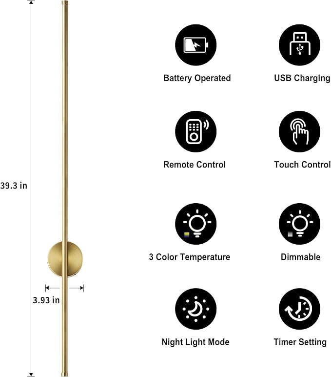 Battery Operated Modern Wall Sconces, Dimmable Wireless Wall Light Set of Two with Remote Control, 3 Color Temperatures, Rechargeable LED Wall Sconce for Bedroom, Living Room, Hallway, 39.3 Inch Brass