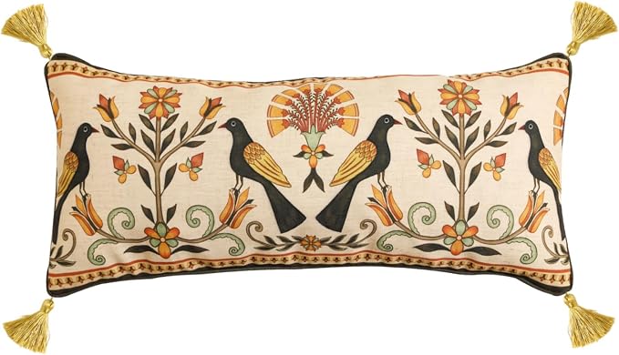 bilin gaier Rectangular Linen Throw Pillow Cover,28"x12"-Seville C | Designer Vintage Elegant Pillow Cover,Concealed Zipper,Floral and Bird Pattern,Sofas,Bedroom,Living Room,Chairs
