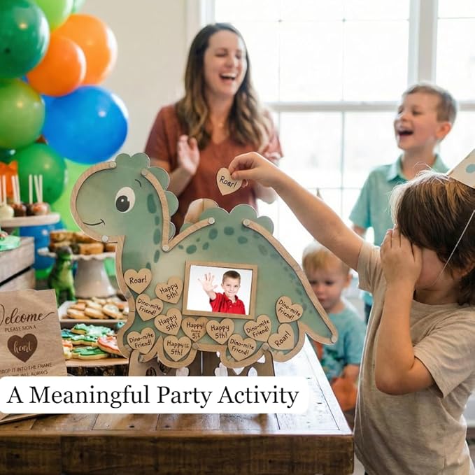 Dinosaur Guest Book Alternative Keepsake Frame - Baby Shower - Birthdays - Gender Reveal - Decorations - Premium Wooden Shadow Box Nursery Decorations - Gift Idea - Wooden Tokens and Token Sign Box Included - OneASaurus Theme (Green)