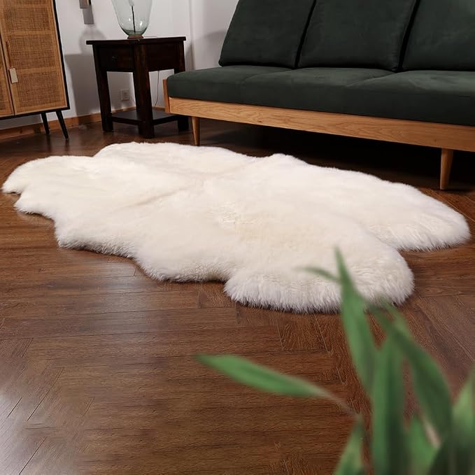 IRIWOOL Premium Genuine Fur Sheepskin Rug Real Australia Sheepskin Natural Luxury Fluffy Lambskin Fur Area Rug Seat Covers for Kids Bedroom Sofa Chair Cover (Creamy White, 4ft x 6ft)