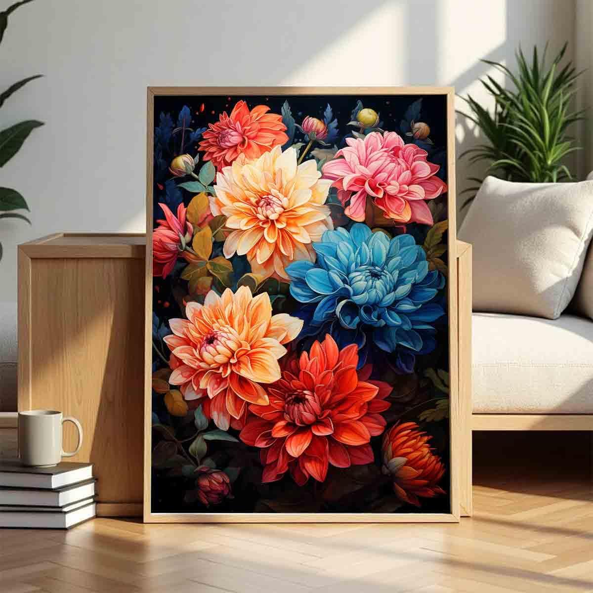 Dahlia Canvas Wall Art Abstract Flower Poster Pink Flower Painting Colorful Flowers Picture Blue Dahlia Wall Art Pink Floral Picture Plant Modern Living Room Decor 16x24inch No Frame
